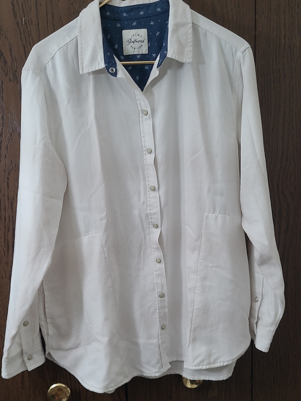 JACHS Girlfriend White Button-Down Shirt with Navy Inner Collar